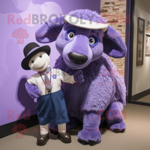 Purple Suffolk Sheep mascot costume character dressed with a Mom Jeans and Bow ties