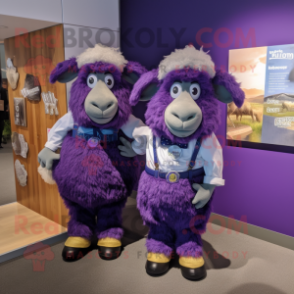 Purple Suffolk Sheep mascot costume character dressed with a Mom Jeans and Bow ties