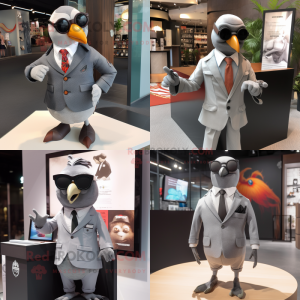 Gray Pigeon mascot costume character dressed with a Blazer and Sunglasses