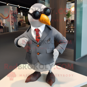 Gray Pigeon mascot costume character dressed with a Blazer and Sunglasses