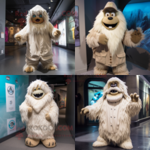 Beige Yeti mascot costume character dressed with a Raincoat and Beanies