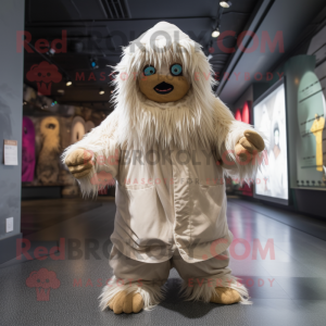 Beige Yeti mascot costume character dressed with a Raincoat and Beanies