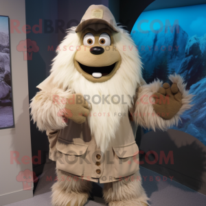 Beige Yeti mascot costume character dressed with a Raincoat and Beanies