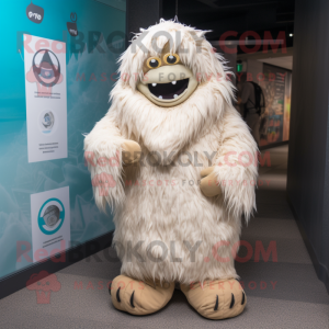 Beige Yeti mascot costume character dressed with a Raincoat and Beanies