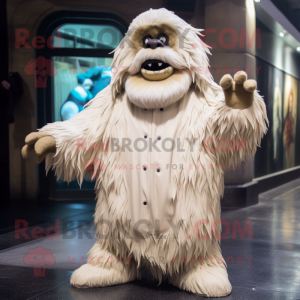 Beige Yeti mascot costume character dressed with a Raincoat and Beanies