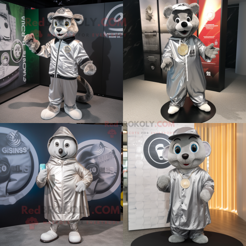 Silver Guinness mascot costume character dressed with a Windbreaker and Coin purses Silver Guinness mascot costume character dressed with a Windbreaker and Coin purses