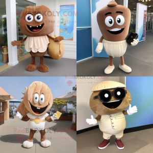 Brown Clam Chowder mascot costume character dressed with a Capri Pants and Clutch bags