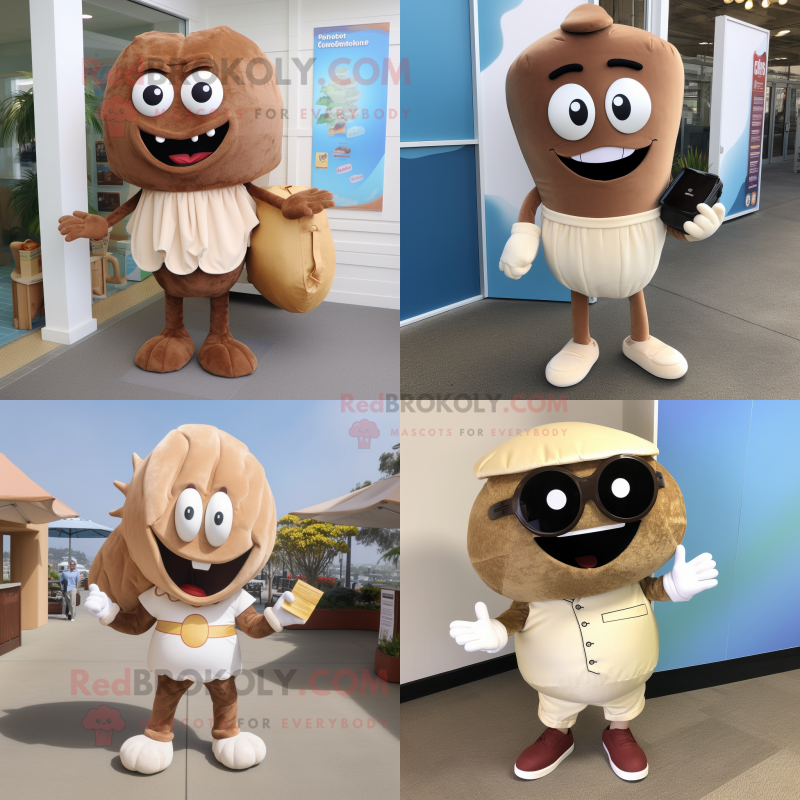 Brown Clam Chowder mascot costume character dressed with a Capri Pants and Clutch bags