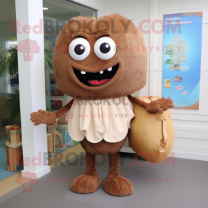 Brown Clam Chowder mascot costume character dressed with a Capri Pants and Clutch bags