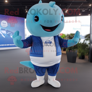 Sky Blue Humpback Whale mascot costume character dressed with a V-Neck Tee and Smartwatches