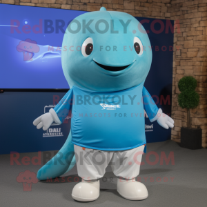 Sky Blue Humpback Whale mascot costume character dressed with a V-Neck Tee and Smartwatches