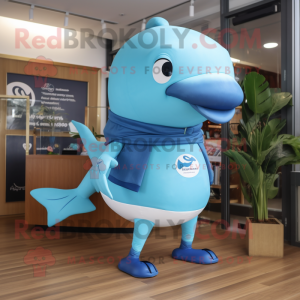 Sky Blue Humpback Whale mascot costume character dressed with a V-Neck Tee and Smartwatches
