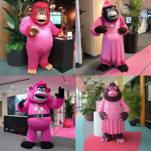 Pink Gorilla mascot costume character dressed with a Maxi Skirt and Tie pins