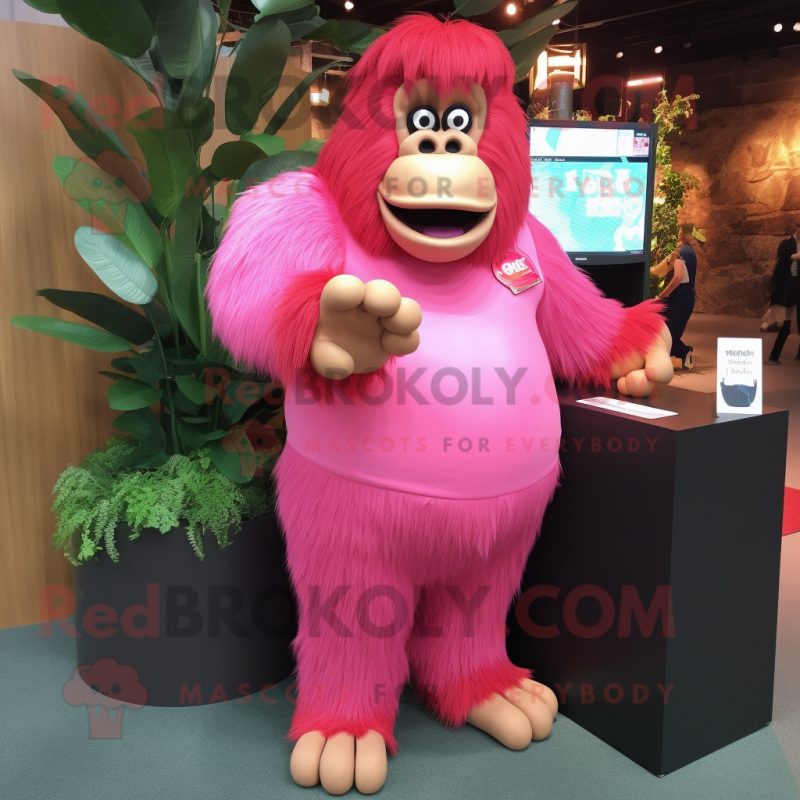 Pink Gorilla mascot costume character dressed with a Maxi Skirt and Tie pins