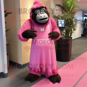Pink Gorilla mascot costume character dressed with a Maxi Skirt and Tie pins