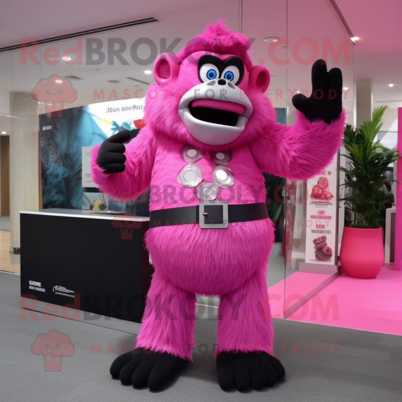 Pink Gorilla mascot costume character dressed with a Maxi Skirt and Tie pins