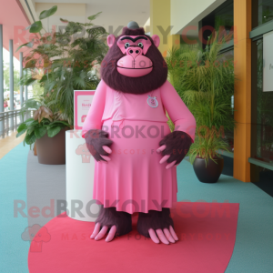 Pink Gorilla mascot costume character dressed with a Maxi Skirt and Tie pins
