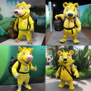 Lemon Yellow Wild Boar mascot costume character dressed with a Bermuda Shorts and Backpacks