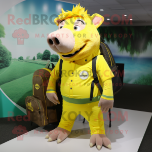 Lemon Yellow Wild Boar mascot costume character dressed with a Bermuda Shorts and Backpacks