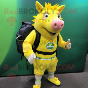 Lemon Yellow Wild Boar mascot costume character dressed with a Bermuda Shorts and Backpacks