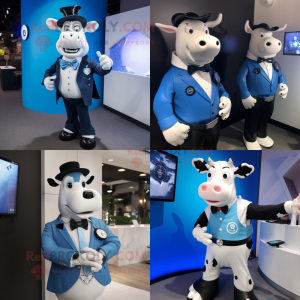 Blue Hereford Cow mascot costume character dressed with a Tuxedo and Smartwatches