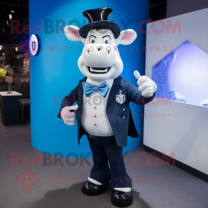 Blue Hereford Cow mascot costume character dressed with a Tuxedo and Smartwatches