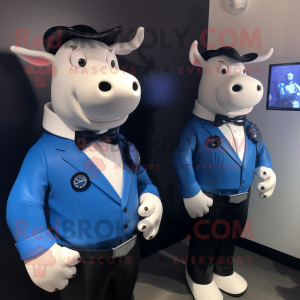 Blue Hereford Cow mascot costume character dressed with a Tuxedo and Smartwatches