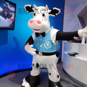 Blue Hereford Cow mascot costume character dressed with a Tuxedo and Smartwatches