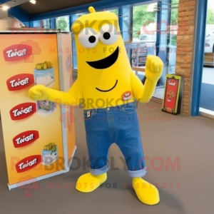 Yellow Aglet mascot costume character dressed with a Denim Shirt and Cufflinks