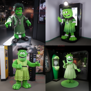 Green Frankenstein mascot costume character dressed with a A-Line Dress and Keychains