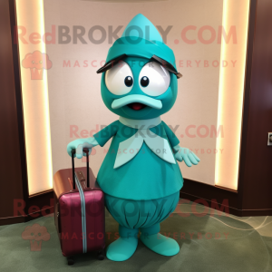 Teal Plum mascot costume character dressed with a Wrap Skirt and Briefcases