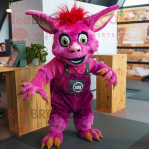 Magenta Chupacabra mascot costume character dressed with a Dungarees and Earrings