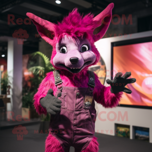 Magenta Chupacabra mascot costume character dressed with a Dungarees and Earrings