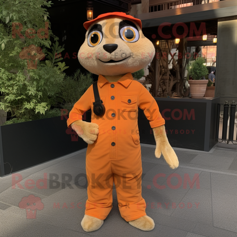 Orange Meerkat mascot costume character dressed with a Overalls and Scarf clips Orange Meerkat mascot costume character dressed with a Overalls and Scarf clips