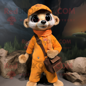 Orange Meerkat mascot costume character dressed with a Overalls and Scarf clips