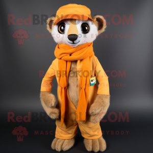 Orange Meerkat mascot costume character dressed with a Overalls and Scarf clips