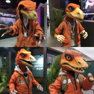 Rust Utahraptor mascot costume character dressed with a Windbreaker and Keychains