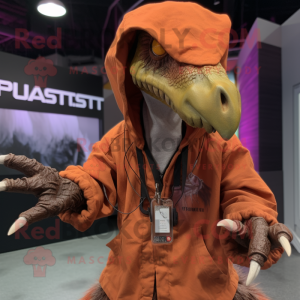 Rust Utahraptor mascot costume character dressed with a Windbreaker and Keychains