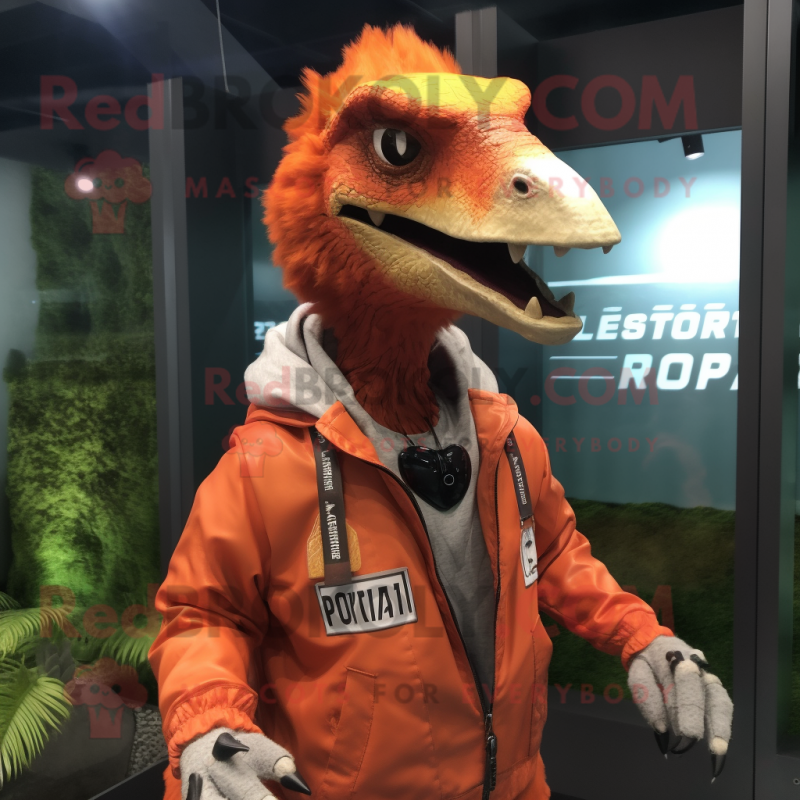 Rust Utahraptor mascot costume character dressed with a Windbreaker and Keychains Rust Utahraptor mascot costume character dressed with a Windbreaker and Keychains