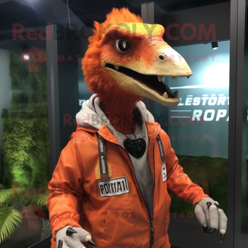 Rust Utahraptor mascot costume character dressed with a Windbreaker and Keychains