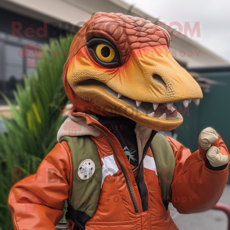 Rust Utahraptor mascot costume character dressed with a Windbreaker and Keychains