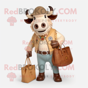 Tan Buffalo mascot costume character dressed with a Capri Pants and Handbags