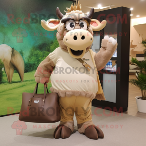Tan Buffalo mascot costume character dressed with a Capri Pants and Handbags