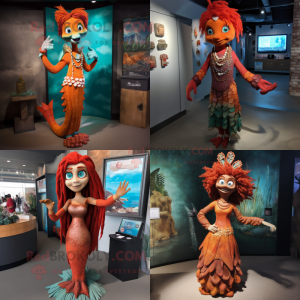 Rust Mermaid mascot costume character dressed with a Sheath Dress and Bracelets