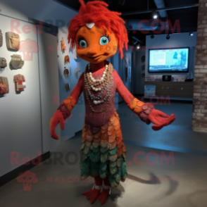 Rust Mermaid mascot costume character dressed with a Sheath Dress and Bracelets