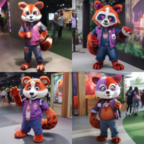 Purple Red Panda mascot costume character dressed with a Jeans and Watches