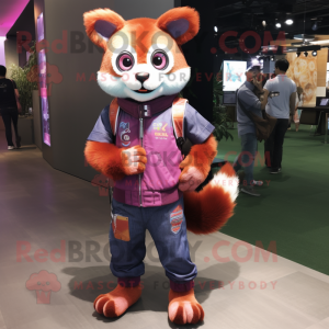 Purple Red Panda mascot costume character dressed with a Jeans and Watches