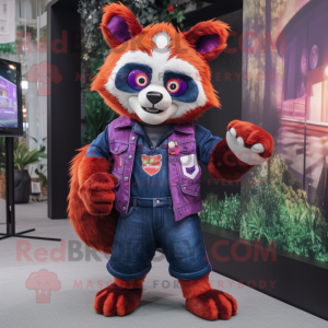 Purple Red Panda mascot costume character dressed with a Jeans and Watches