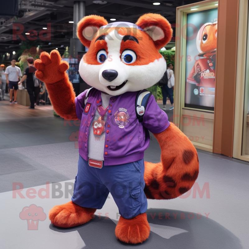 Purple Red Panda mascot costume character dressed with a Jeans and Watches