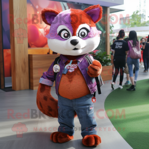 Purple Red Panda mascot costume character dressed with a Jeans and Watches